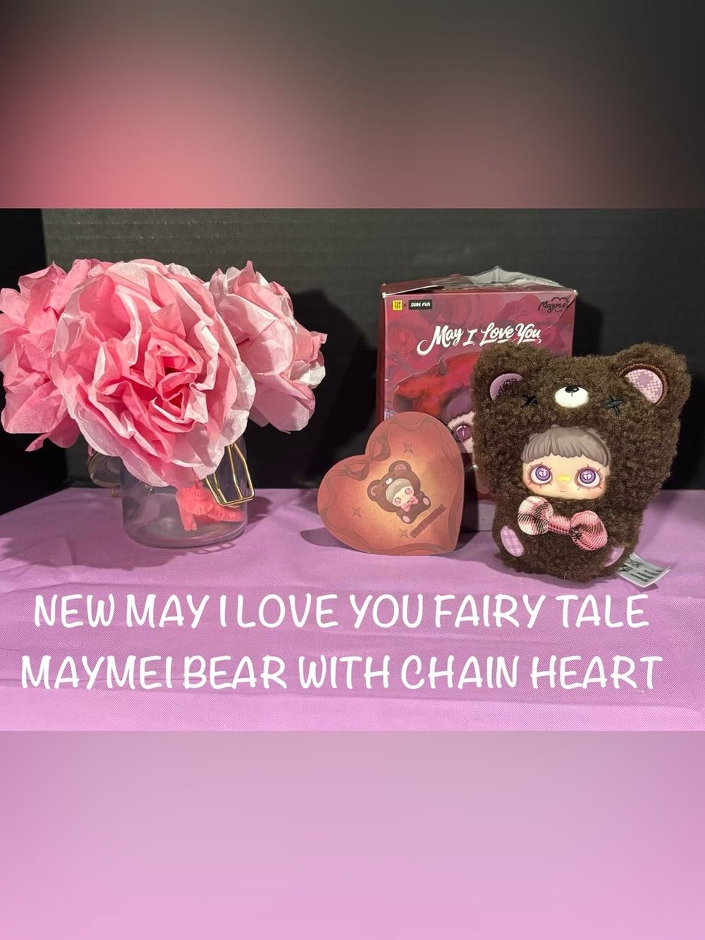 Fairy Tale Maymei Bear Plush in Brown with Pink Accents & Chain with Heart
